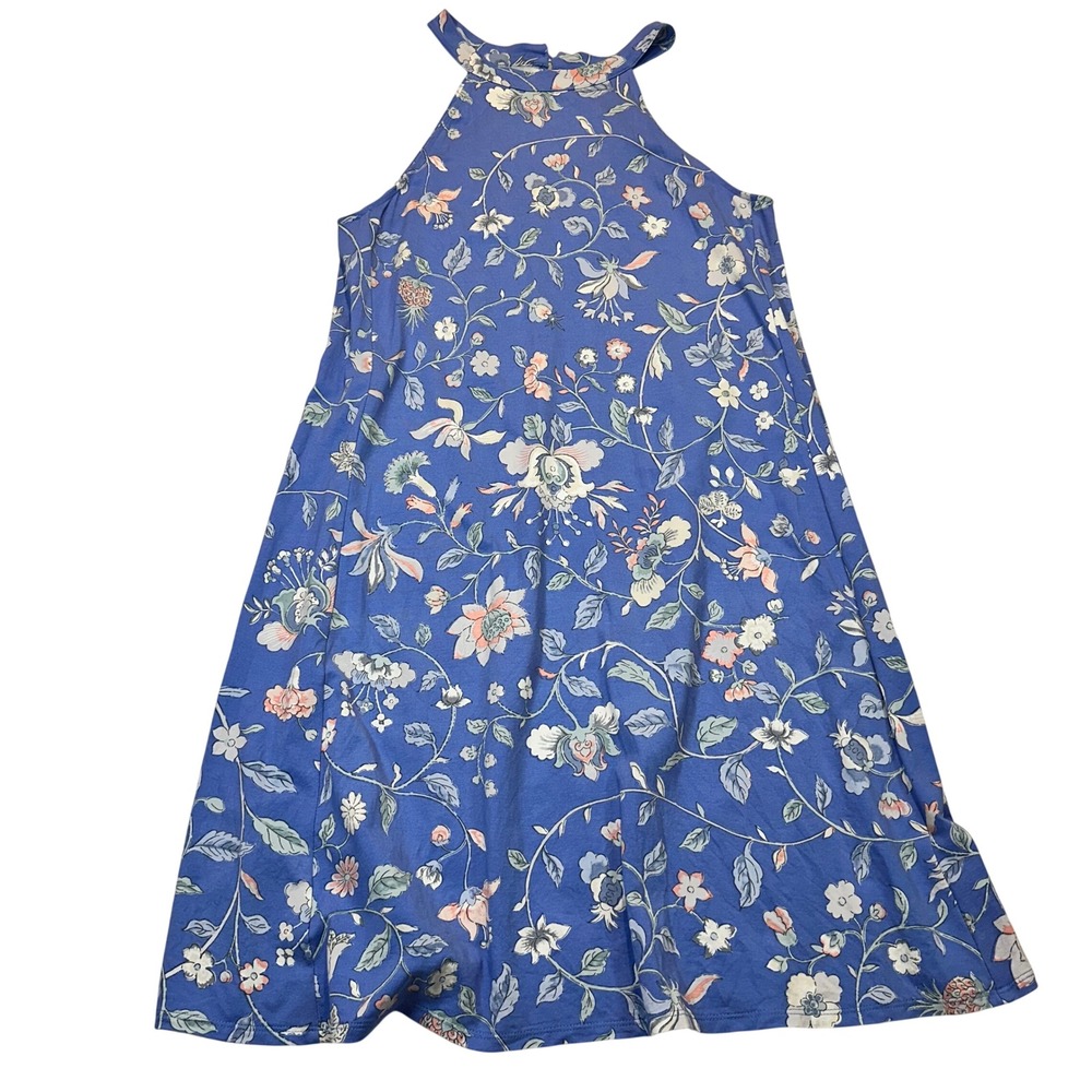 LOFT Women Blue Floral Halter Neck Trapeze Dress Sleeveless Keyhole Back Small